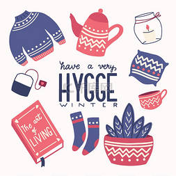 Hygge 概念与彩色手写字体和插图设