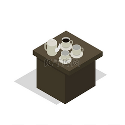 咖啡茶具图片_桌子上放着瓷茶具，在白色背景下