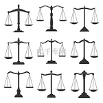 天平、司法法、公证律师和法律代理人矢量图标。