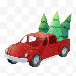 红色喜庆复古背景图片_圣诞节卡车和松树水彩