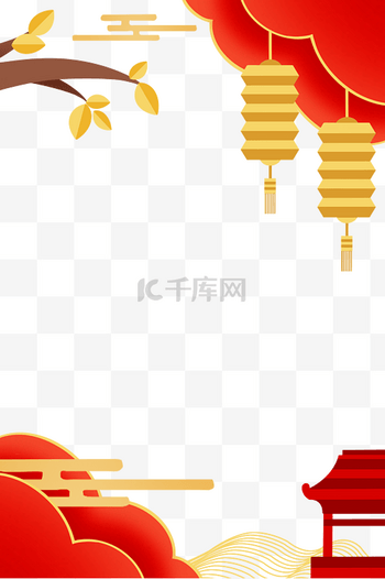 手绘红金国庆节剪纸边框标题框