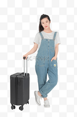 拉行李箱的美女图片_拉行李箱穿背带裤的女孩