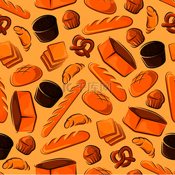 松饼图标图片_烘焙产品的无缝背景带有牛角面包