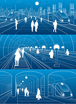 地铁站，人走，火车移动。基础设施和运输的插图集。挖掘机、 城市风貌，在蓝色背景上的白色线条矢量设计艺术