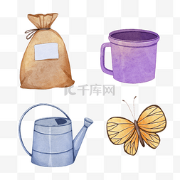 园艺用品水壶和蝴蝶水彩
