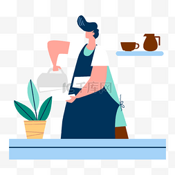 时间概念表图片_咖啡师咖啡制作男性咖啡师插画