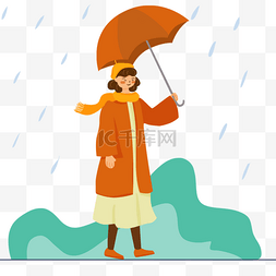 戴着帽子的女孩雨中打伞插画