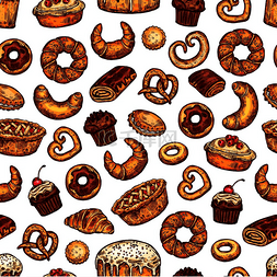 矢量百吉饼素材图片_面包和糕点甜点无缝图案烘焙糕点