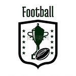 足球比赛运动比赛徽章设计模板，带有盾牌形状的标志，带有奖杯和美式足球，两侧是一排星星。