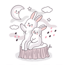 手绘and图片_Cartoon cute adorable family white rabbits si