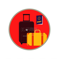 旅行袋手提箱和护照被圆形粉红色