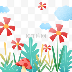 红色花卉植物云朵春季插画