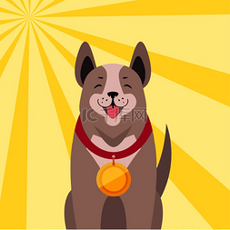 彩色小狗背景图片_快乐可爱的狗冠军，脖子上有金牌