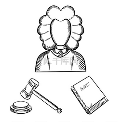 法律书籍图片_法官穿着传统的披风和假发木槌和