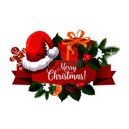 圣诞老人姜饼人图片_圣诞彩带横幅用于冬季节日贺卡设