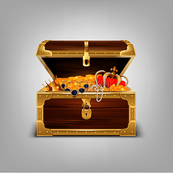 金色图像图片_装有宝藏的旧木箱逼真的构图装满