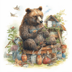 儿童绘本图片_绘本风格北欧风棕熊插图