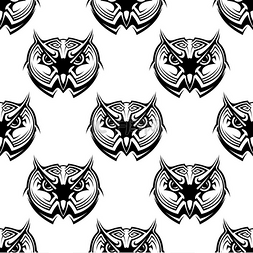 动物黑白图案设计图片_聪明的老角猫头鹰头部的黑白无缝