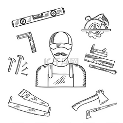 钢锯图片_木匠和工具箱工具草图，包括锤子