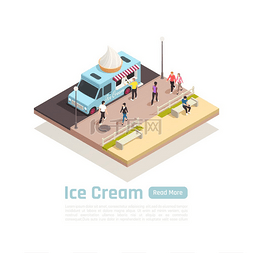 冰淇淋摊位图片_街头推车卡车等轴测概念与冰淇淋