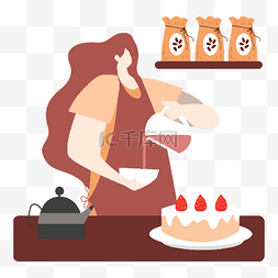 手绘咖啡蛋糕图片_咖啡师咖啡制作女性咖啡师插画