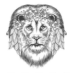 狮子的象征图片_波西米亚风格的花卉狮子素描波西