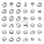 天气预报标志黑色细线图标集。矢量