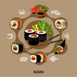海藻图片_平面寿司组合物，不同类型的寿司