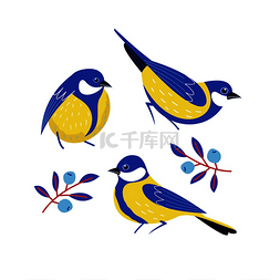 鸟类的背景图片_可爱的明信片，上面有鸟类、蓝莓