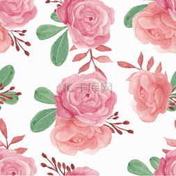 水彩画手绘粉红色玫瑰无缝图案