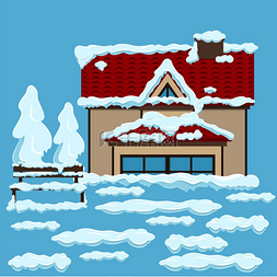 小木屋屋顶图片_房子有两层楼，红色屋顶，米色墙