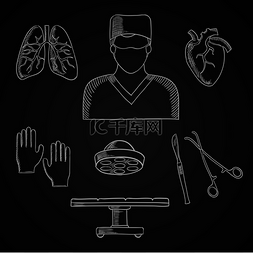 外科医生专业粉笔图标与医生、手