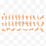 一组逼真的人的手，手势和手势，图形和手指动作，白色背景上孤立的矢量图解