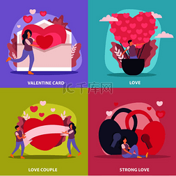 爱情情侣平面图标集与情人节卡片