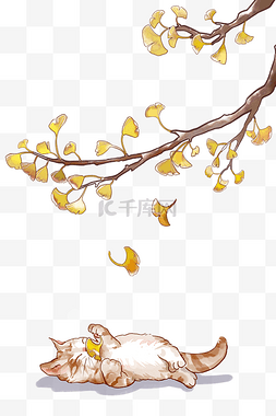 猫咪图片_秋天银杏树枝落叶猫咪水彩