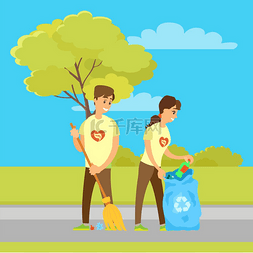 清扫卡通图片_志愿者收集垃圾和清扫街道。