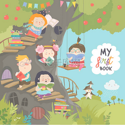 快乐的孩子们在树房子里看书