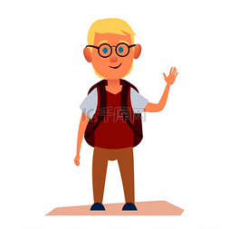 高兴插图图片_高兴的白化男孩戴着眼镜，背上背