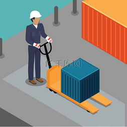 送运费险包邮图片_在叉车上搬运集装箱的仓库工人。