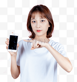 用户玩手机图片_甜美青年女性手指向手机