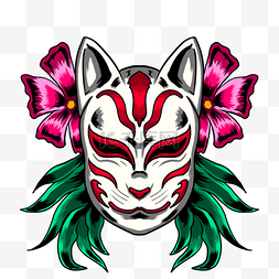 狐狸面具和植物日本风格纹身