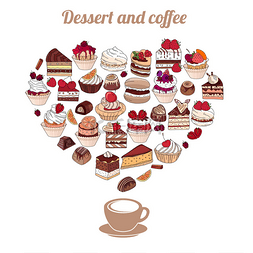 Symbol Heart made of different desserts. Cake