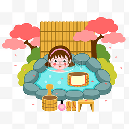 在树下看书的女孩图片_红色树下日本泡温泉插画