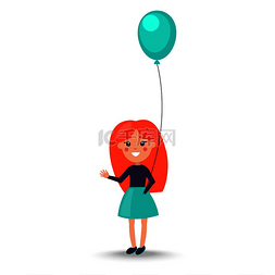 红色头发人图片_在白色矢量图上孤立的气球的女孩