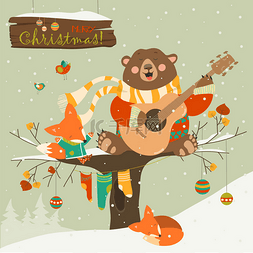 卡通唱吧图片_可爱的熊和小狐狸庆祝圣诞节