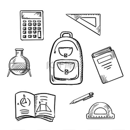 书三角尺图片_回到学校概念，包括学校背包、书