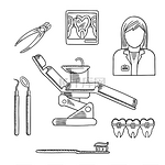 牙医职业图标和符号与医生、设备、牙齿、牙套、牙膏和牙刷。