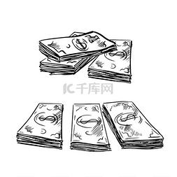 美国钞票图片_成堆的素描风格的美元钞票，隔离