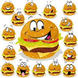 芝士奶酪面包图片_与很多表达式的汉堡卡通插图