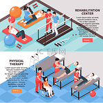 一套两个等距康复理疗水平横幅带有图像可编辑文本和阅读更多按钮矢量插图
